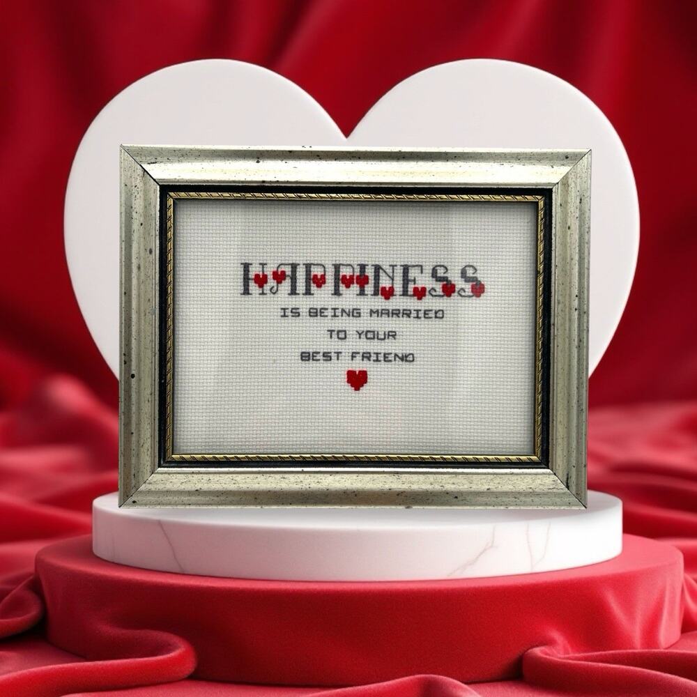 Vtg Needlepoint Framed Art Happiness is being married to your best friend